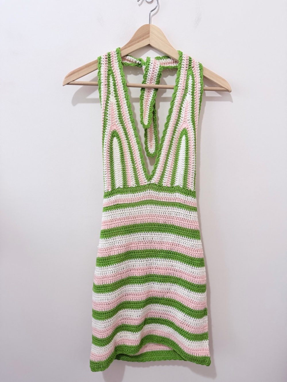 Crochet Knit Mini Dress Grandmacore Festival Granny Square  Halter Striped 8 - Picture 4 of 9